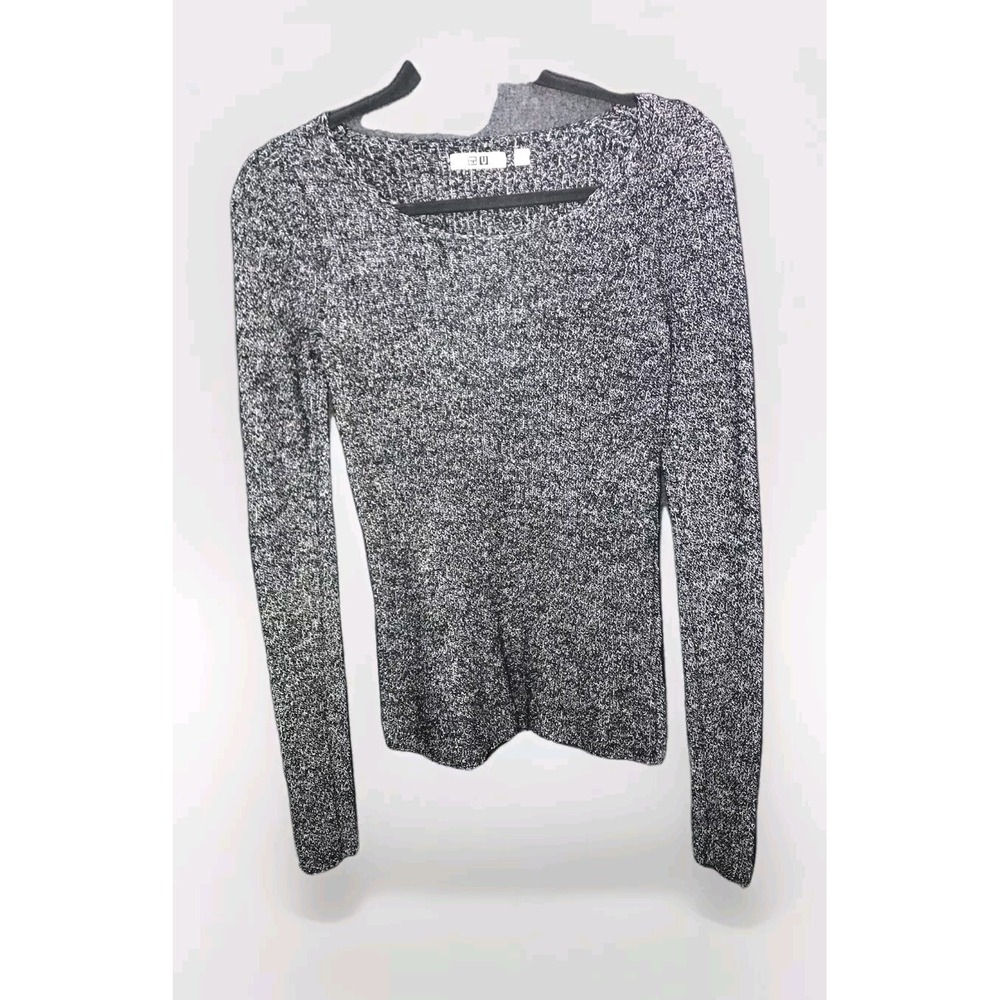 Uniqlo Sweater Knit Marled Women's Small Black White Round Boat Neck Ribbed LS‎